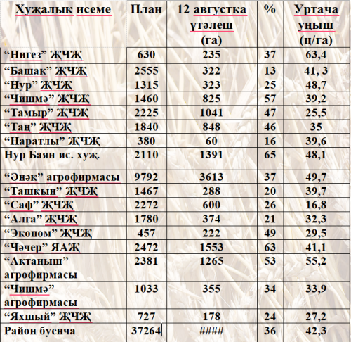 Актаныш районындагы бөртекле культураларның 36 проценты суктырып алынды (хуҗалыкларның эш күрсәткечләре)