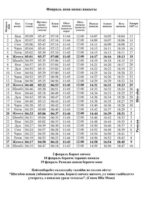 Актаныш өчен сәхәр һәм ифтар вакытлары