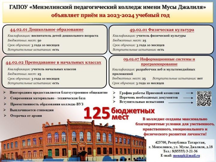 Мензелинский педагогический колледж имени Мусы Джалиля приглашает абитурентов